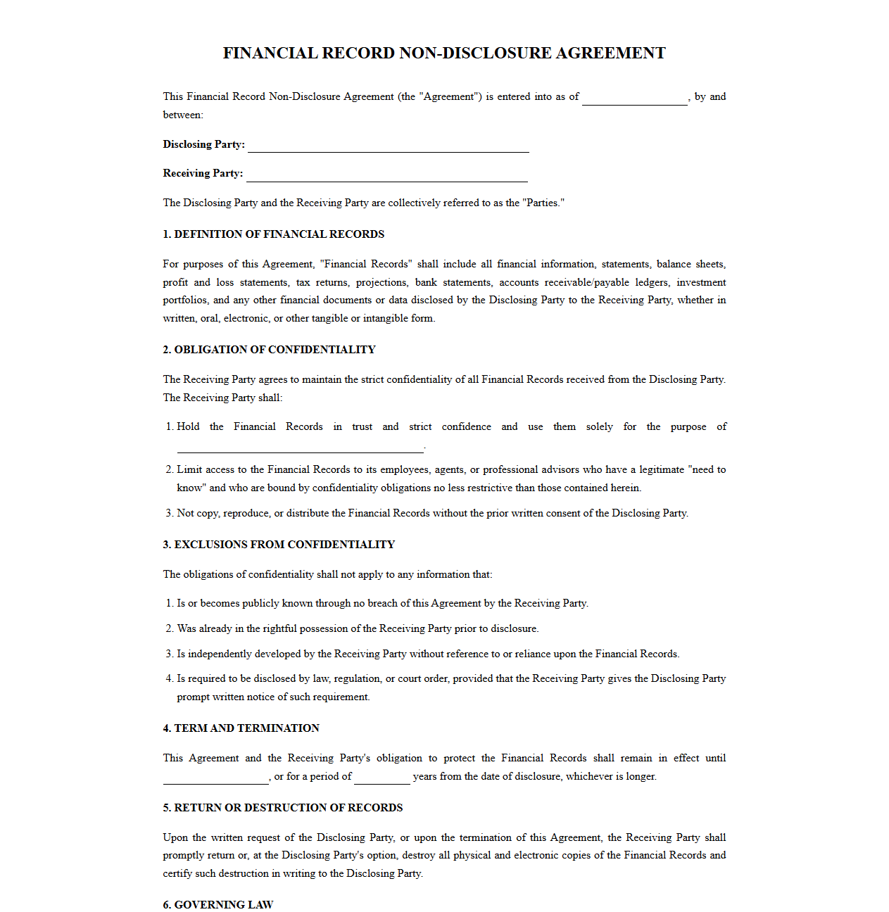 Financial Record Non-Disclosure Agreement Template