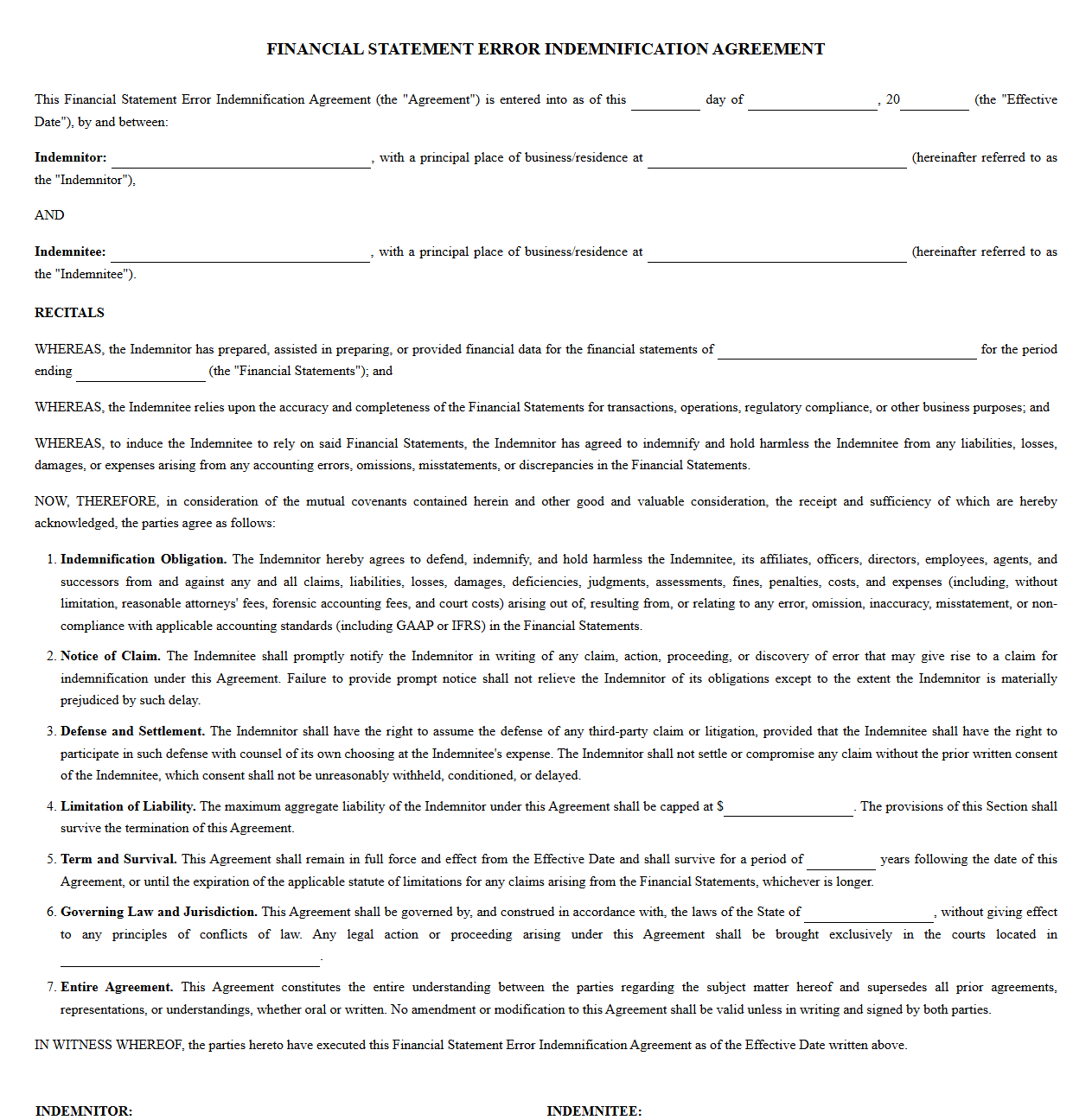 Financial Statement Error Indemnification Agreement