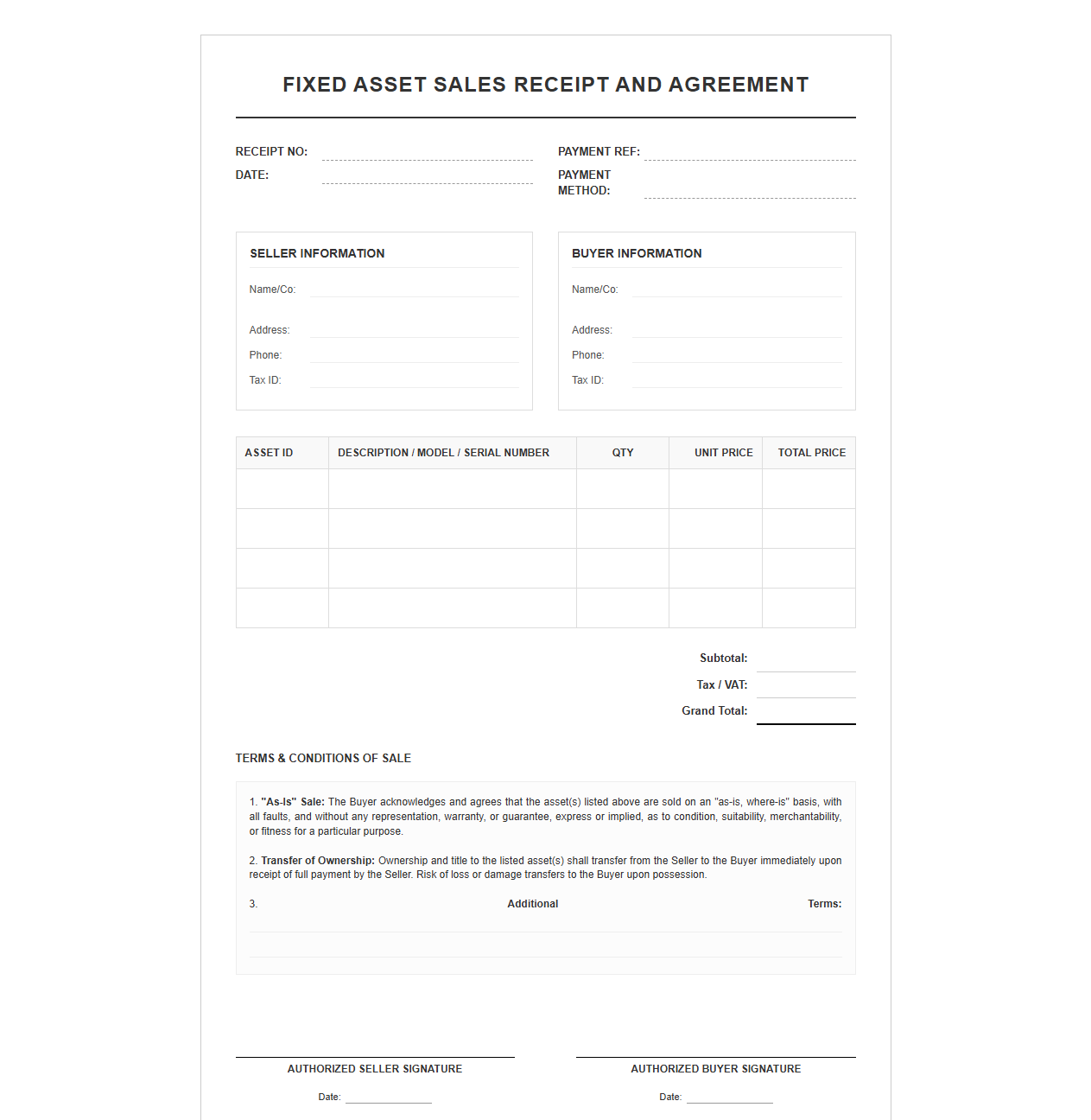 Fixed Asset Sales Receipt and Agreement