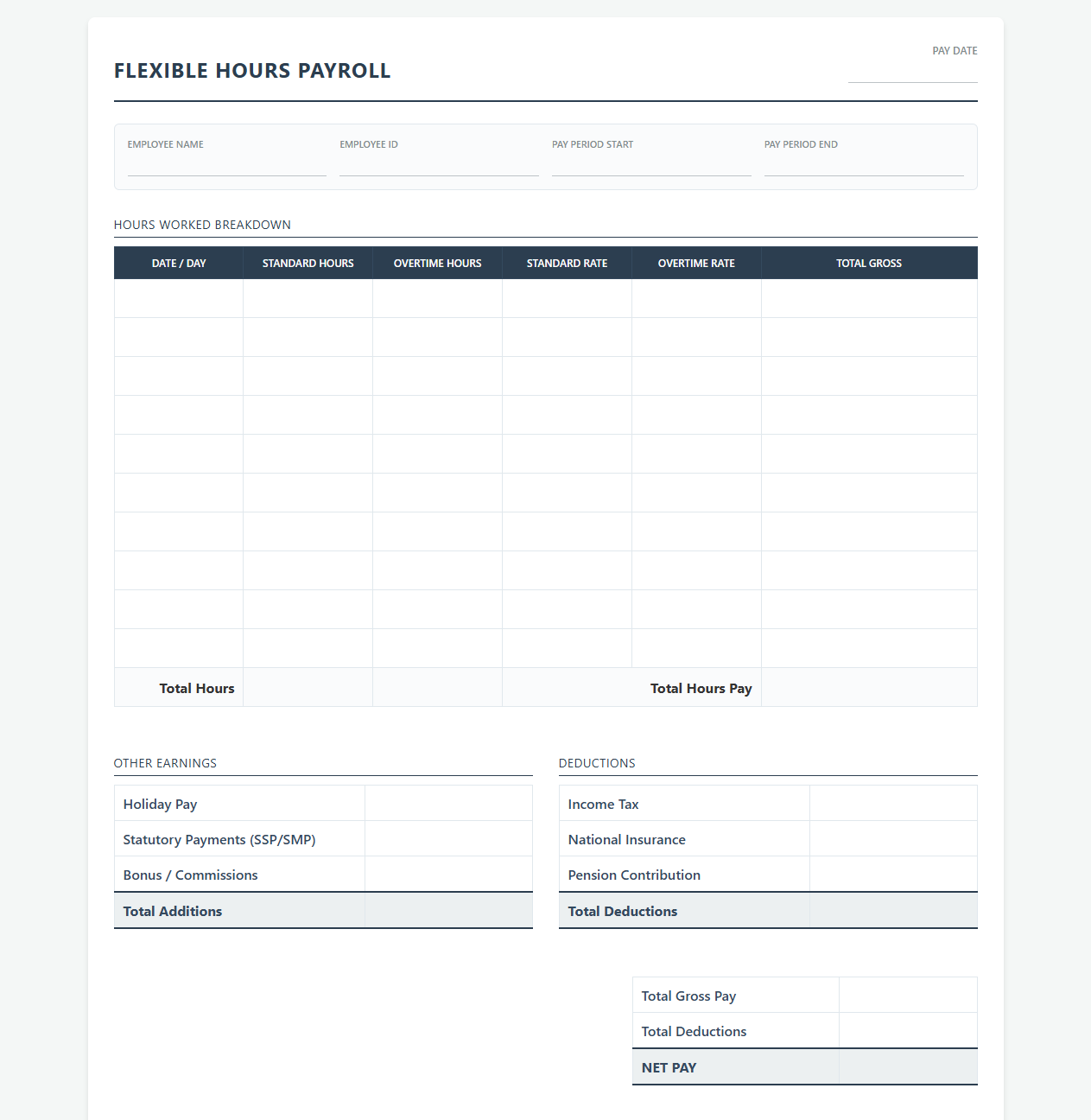 Flexible Hours Payroll Spreadsheet Template