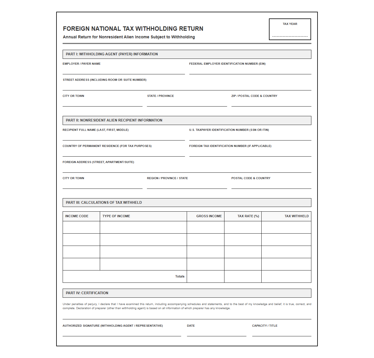 Foreign National Tax Withholding Return Template