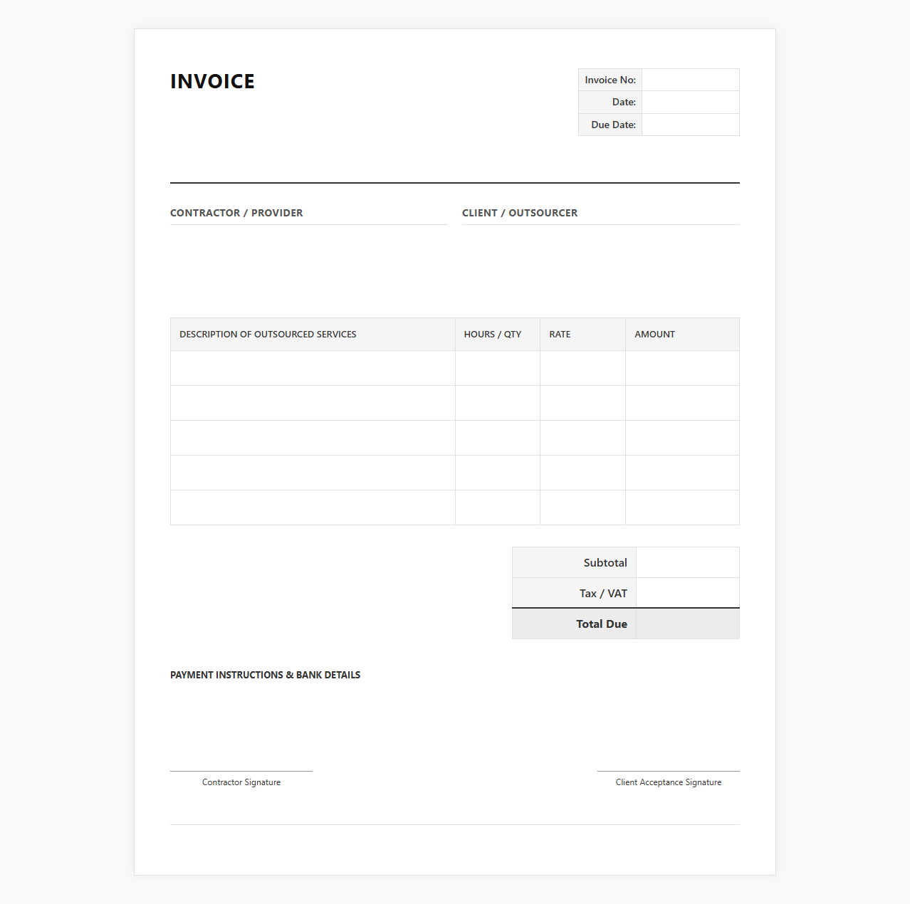 Freelance Contractor Outsourcing Service Invoice Template