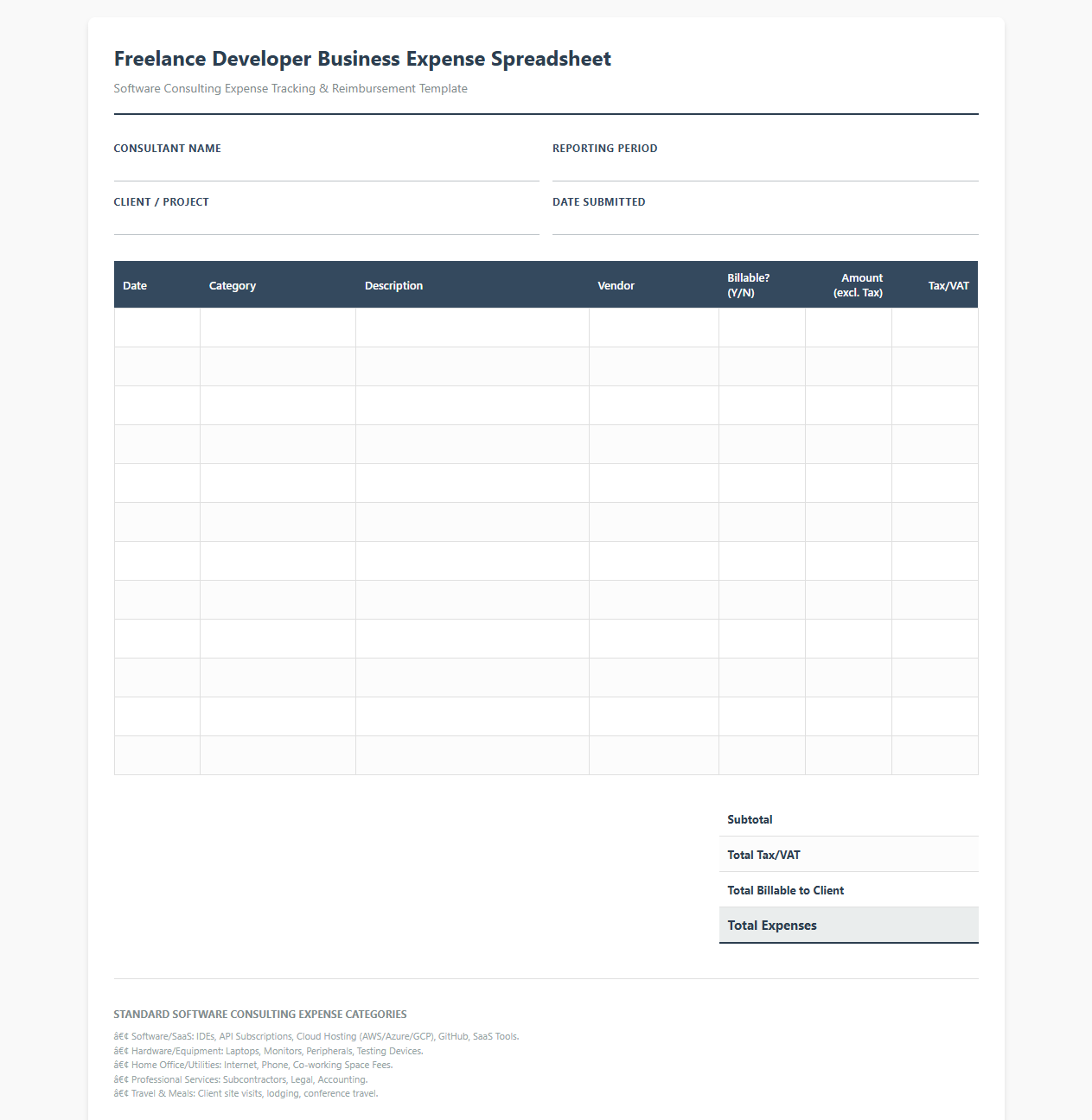 Freelance Developer Business Expense Spreadsheet