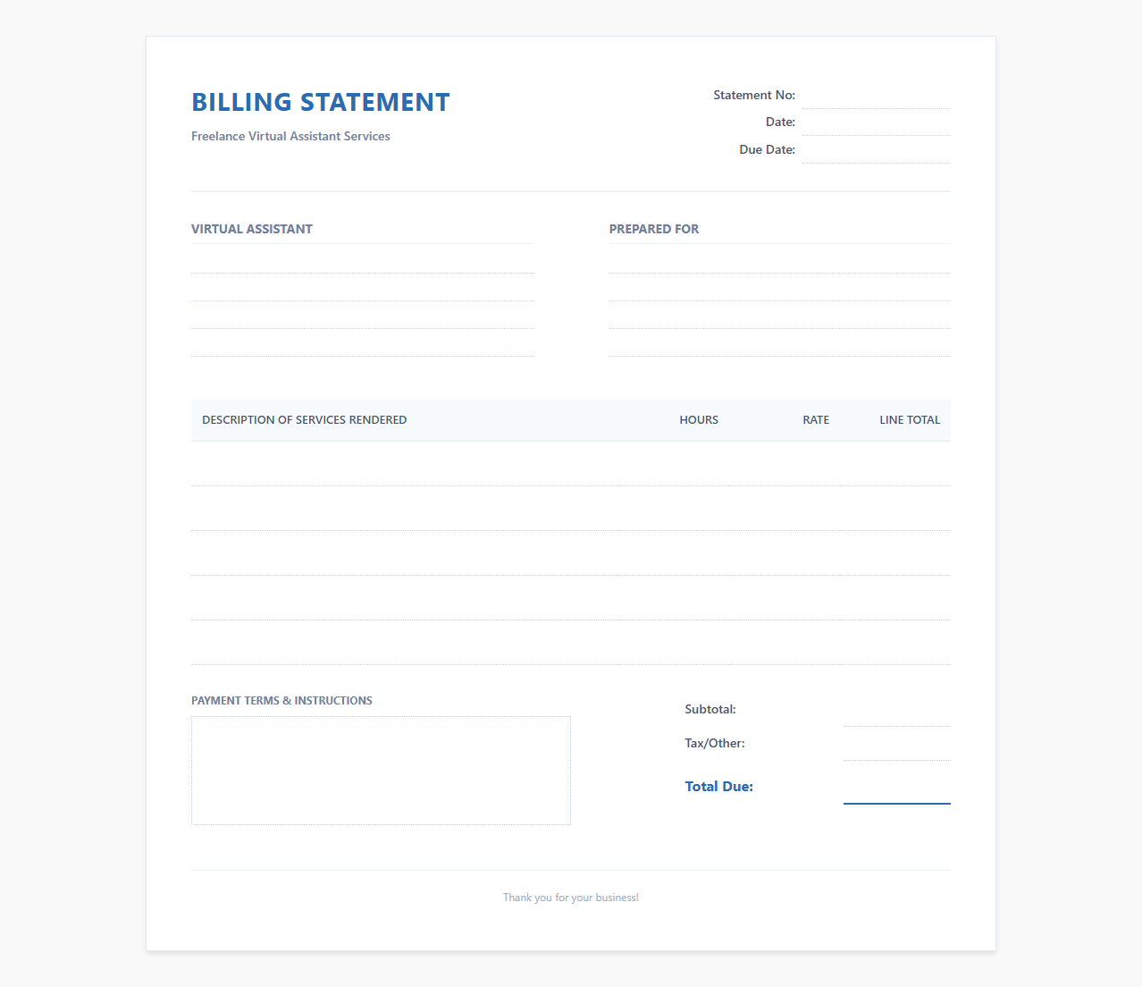 Freelance Virtual Assistant Billing Statement