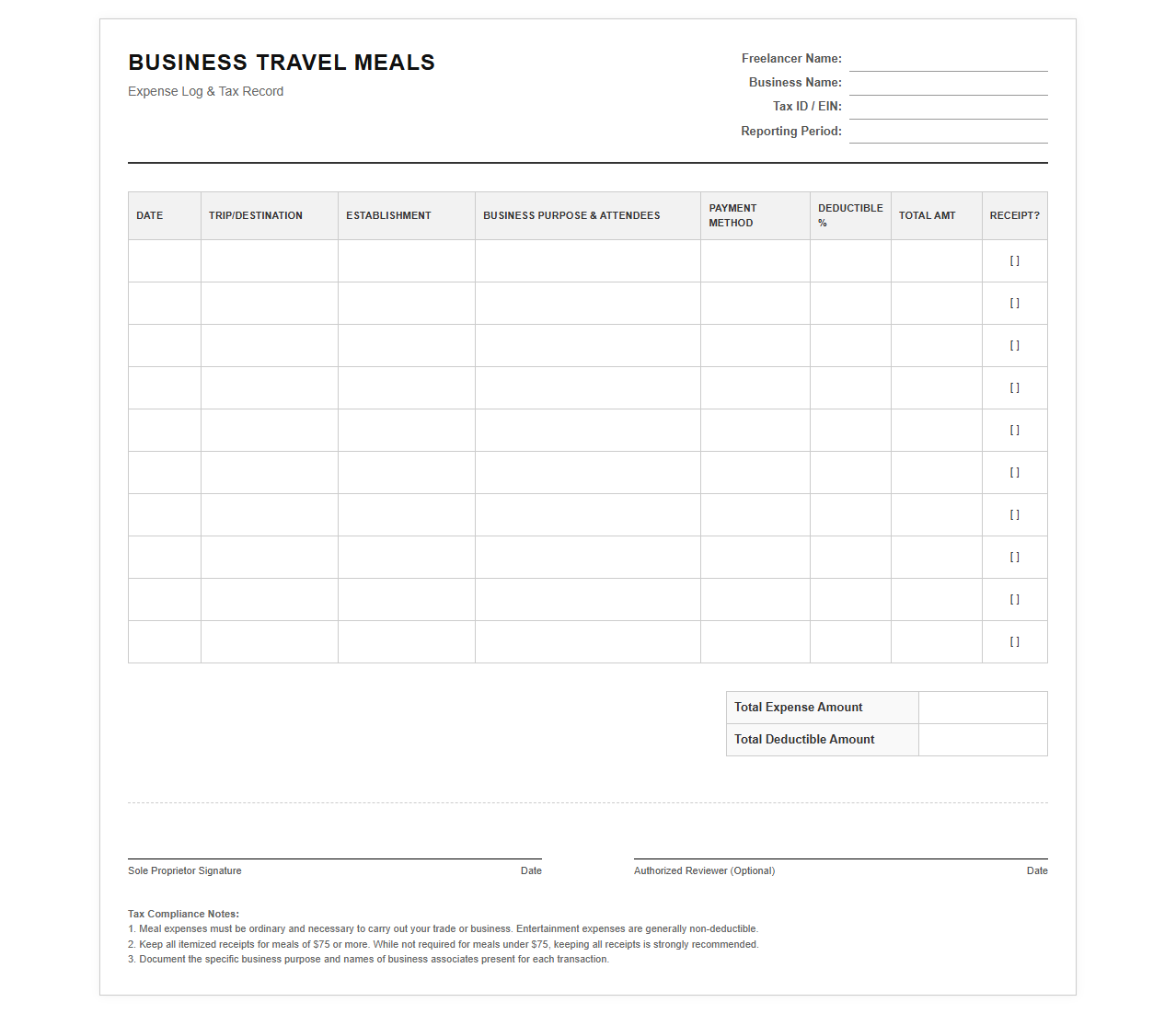 Freelancer Business Travel Meals Expense Sheet