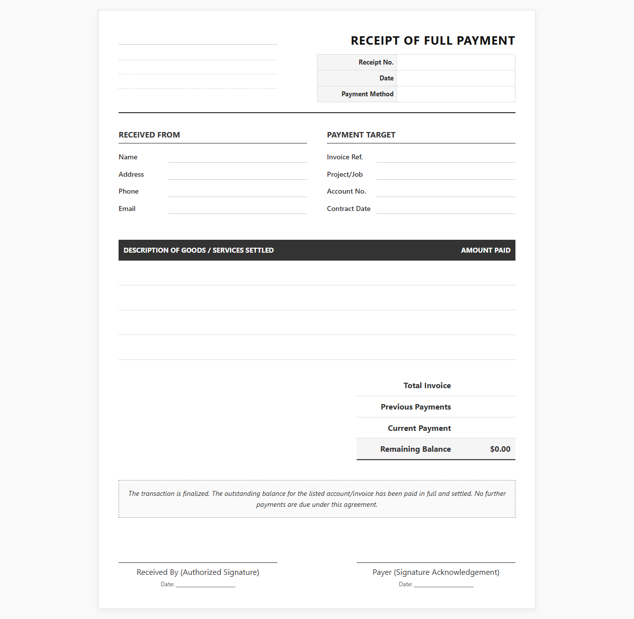 Full Balance Settled Receipt Form