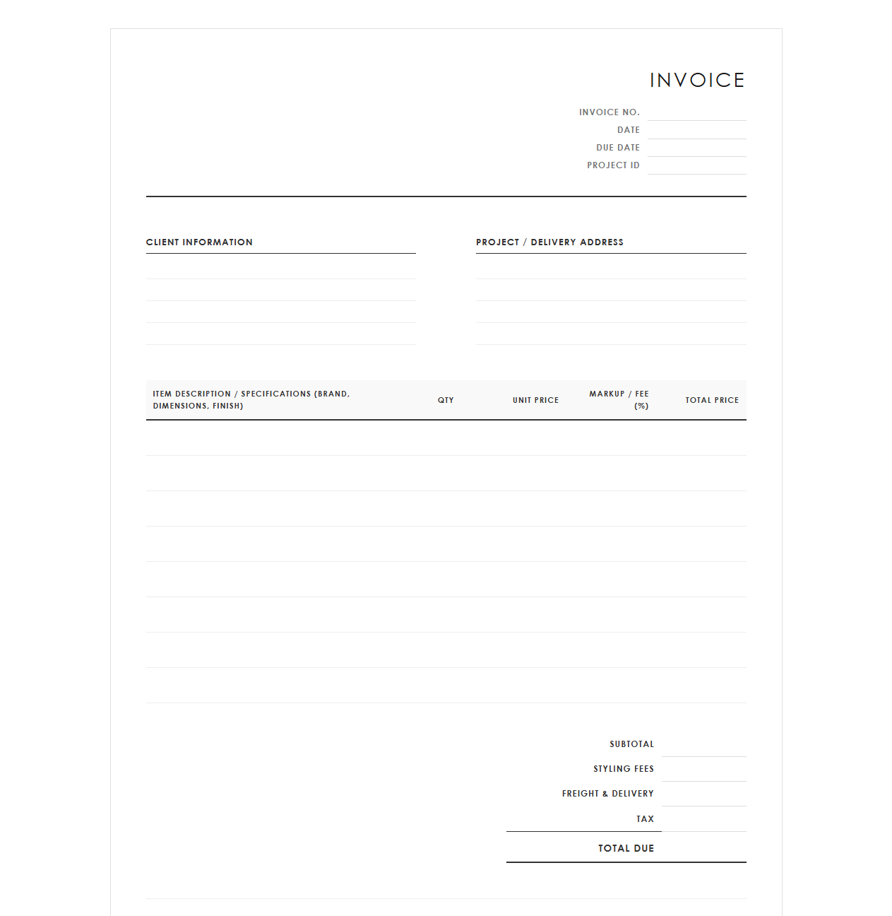 Furniture Procurement and Styling Invoice Template