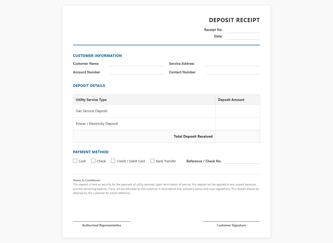 Gas and Power Deposit Receipt Document