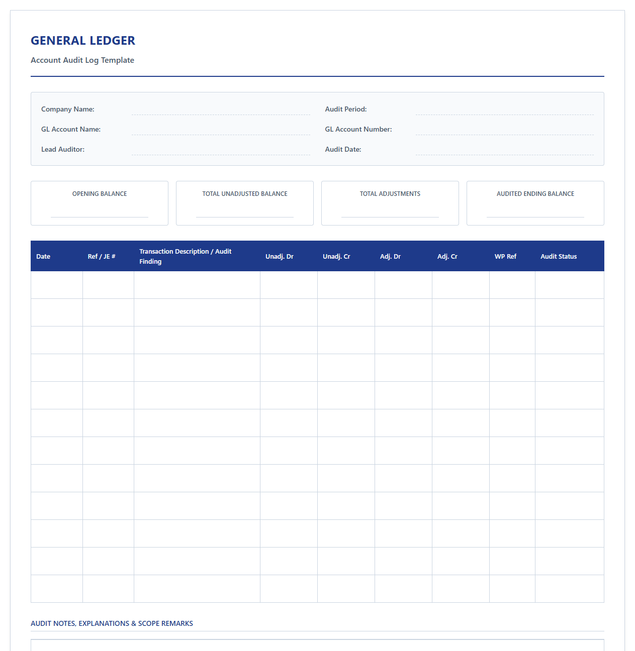 General Ledger Account Audit Log Template
