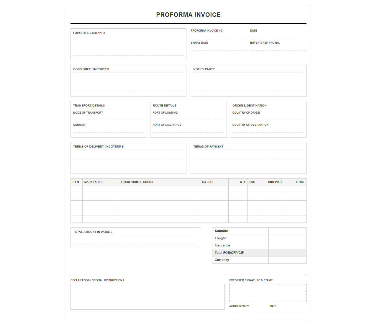 Global Trade Proforma Invoice Template