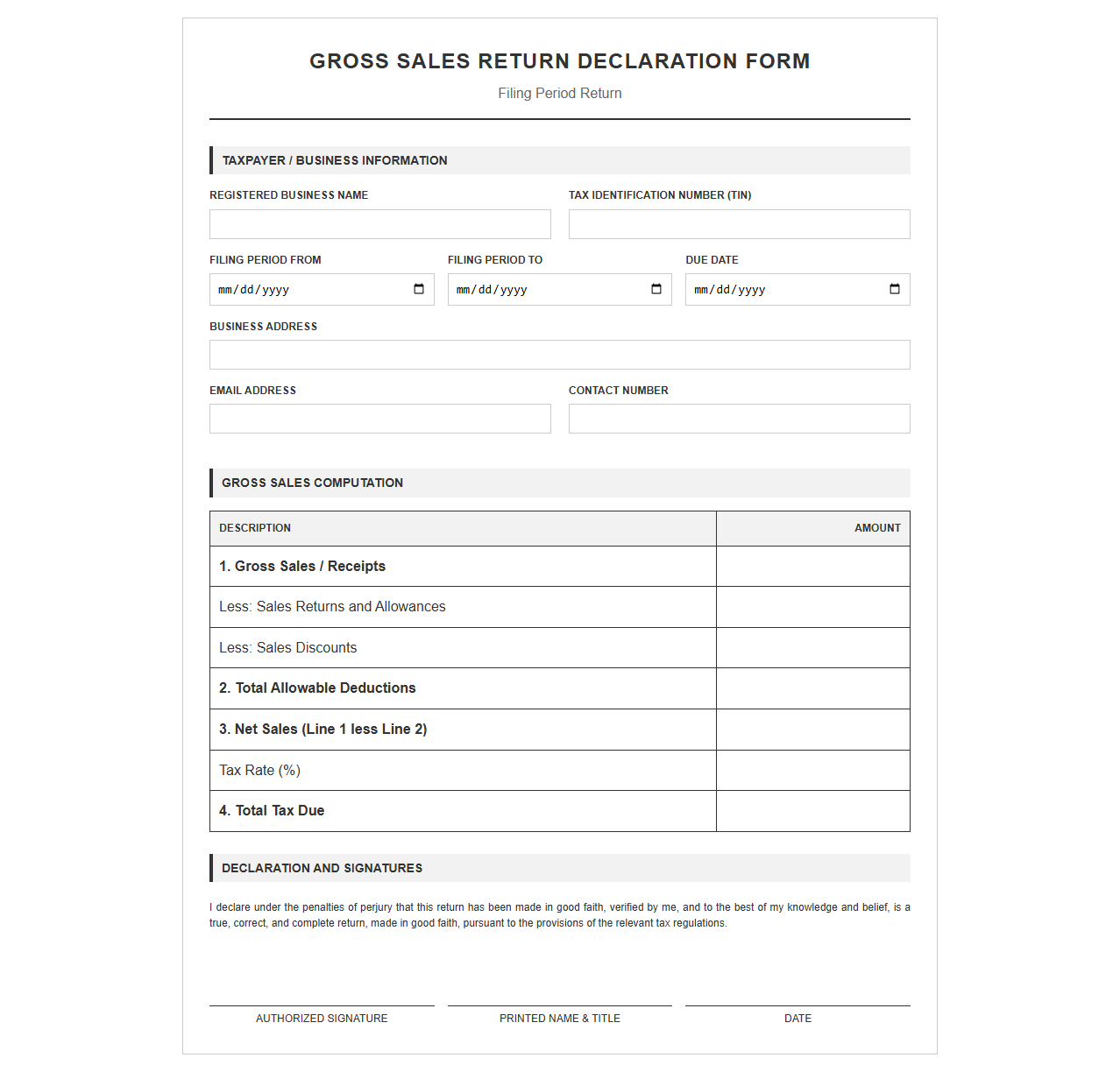Gross Sales Return Declaration Form