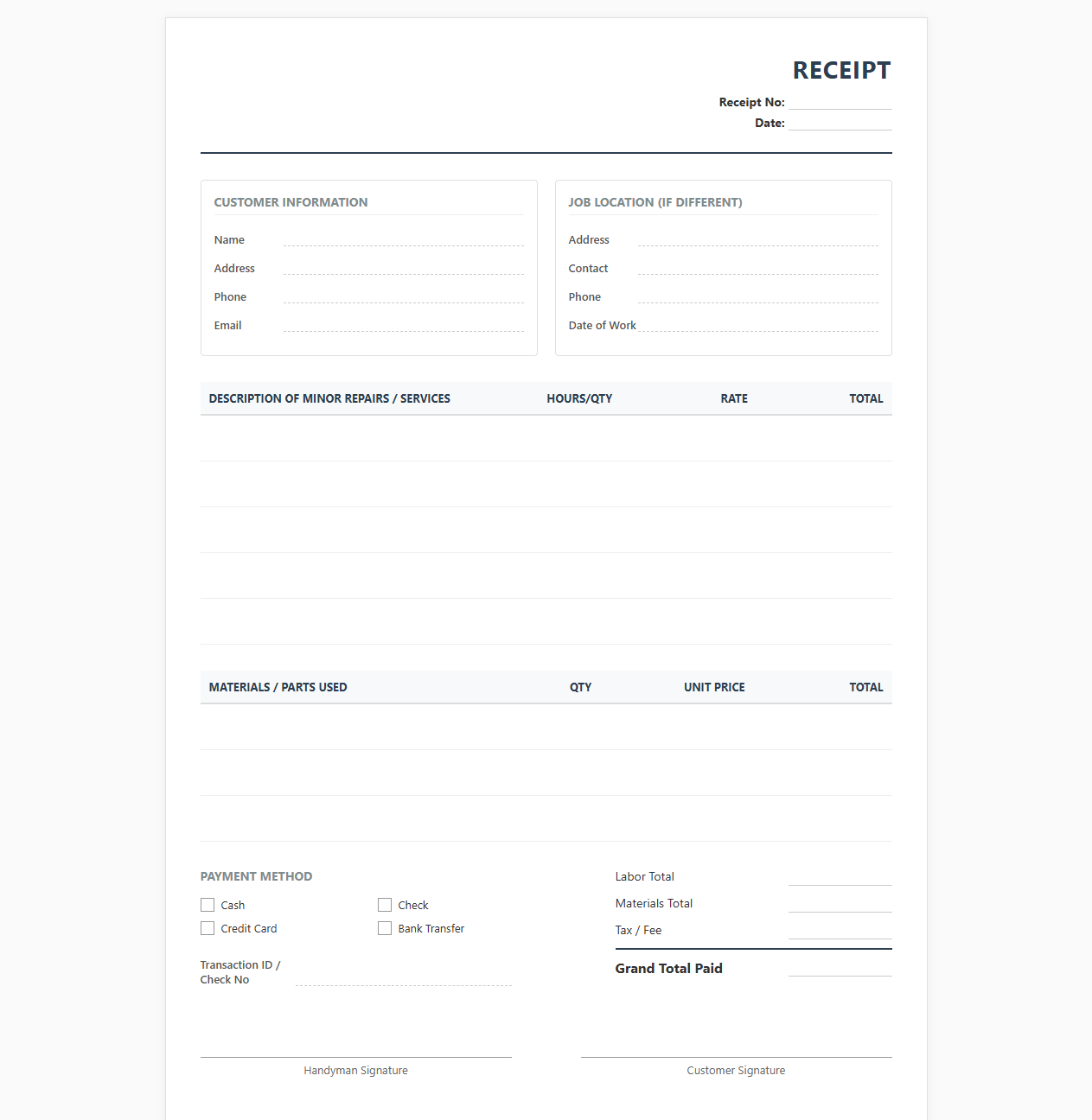 Handyman and Minor Repairs Receipt Template