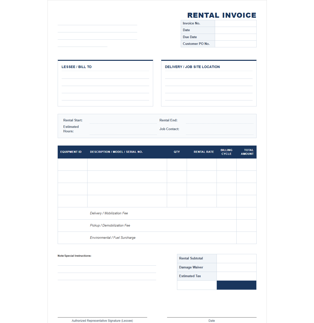 Heavy Machinery Commercial Rental Invoice
