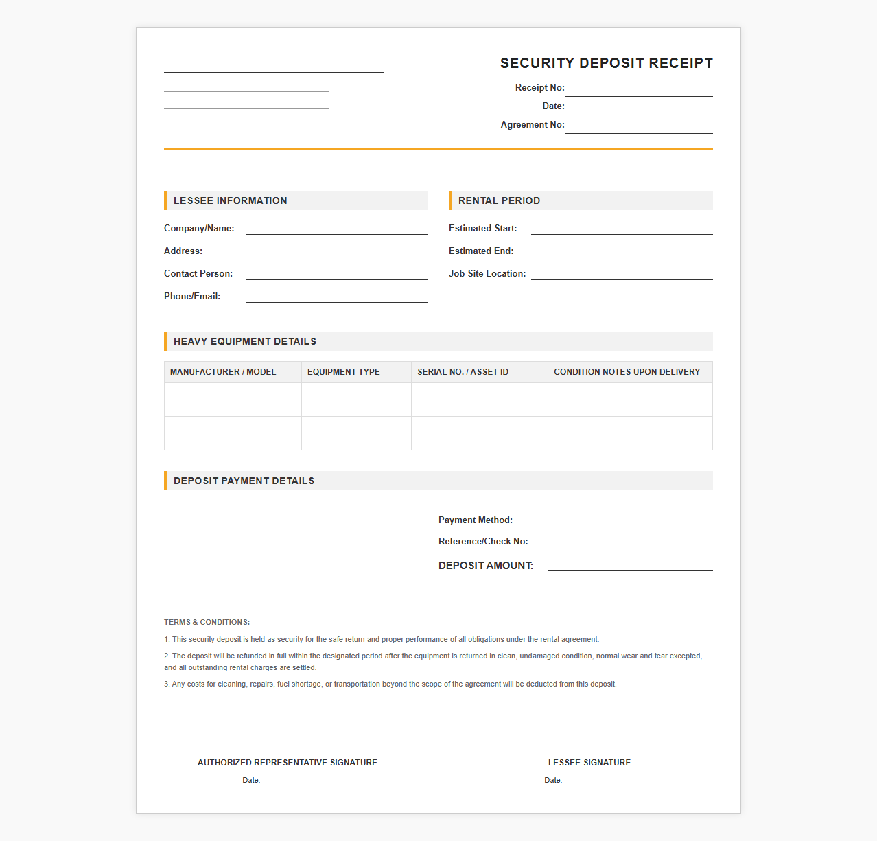 Heavy Machinery Rental Security Deposit Receipt