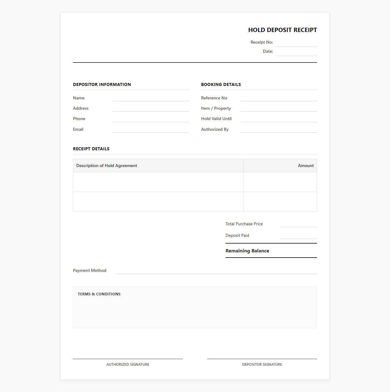 Hold Deposit Confirmation Receipt