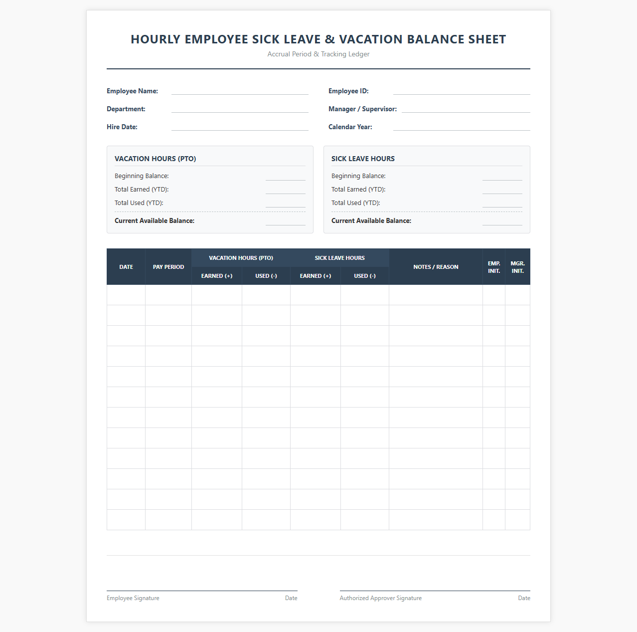 Hourly Employee Sick Leave and Vacation Balance Sheet