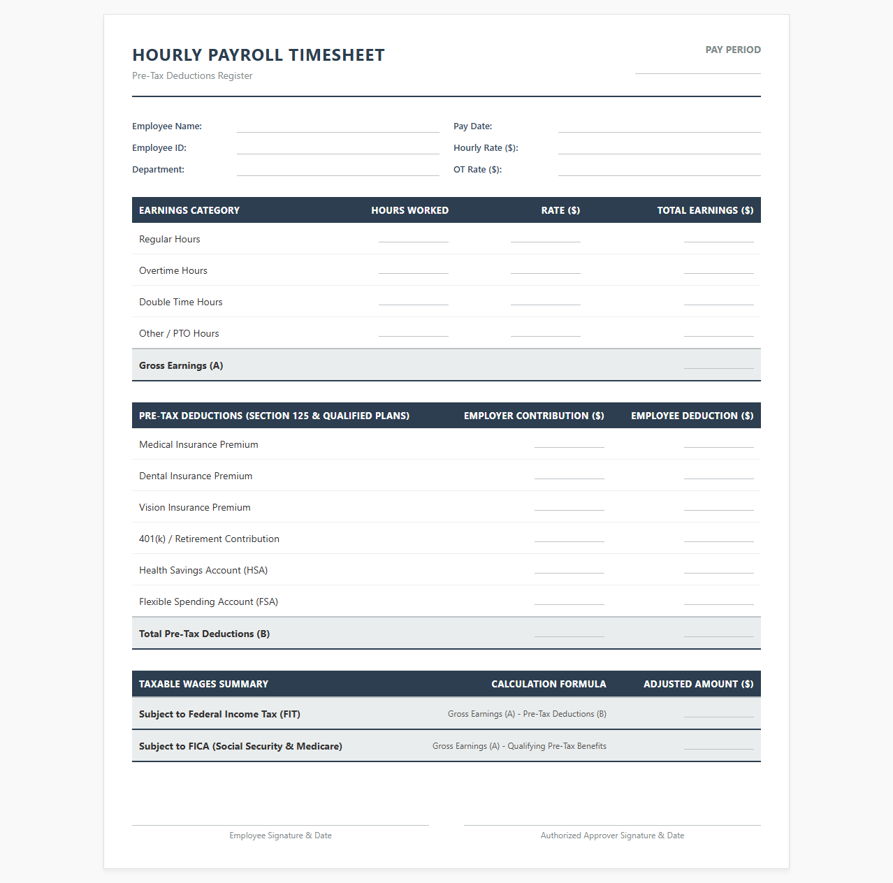 Hourly Payroll Template for Pre-Tax Deductions