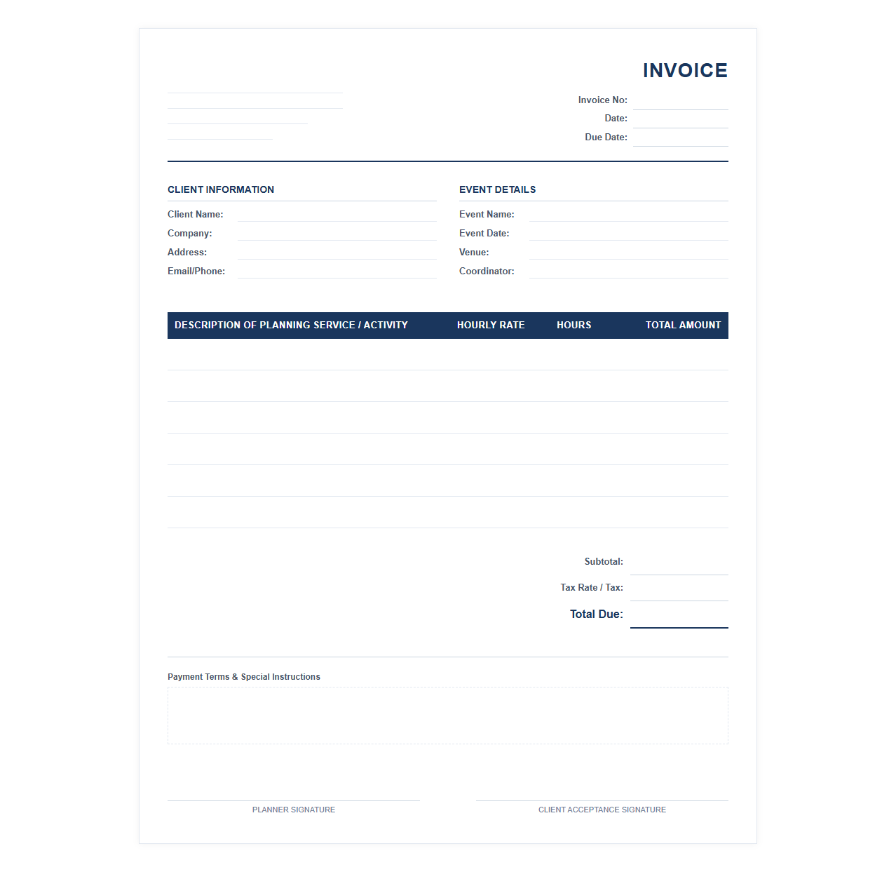 Hourly Rate Event Planning Invoice Template