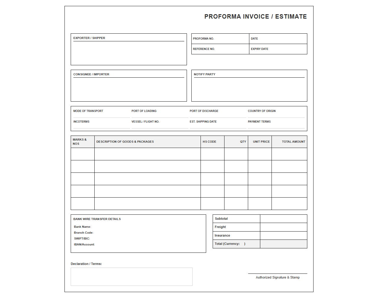 Import Export Proforma Estimate Template