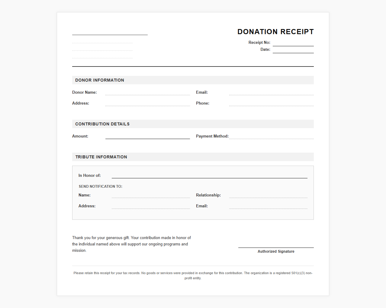 In Honor Donation Receipt Template