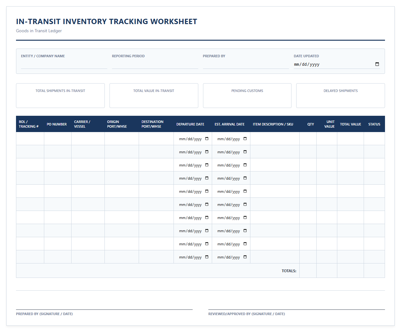 In-Transit Inventory Tracking Worksheet