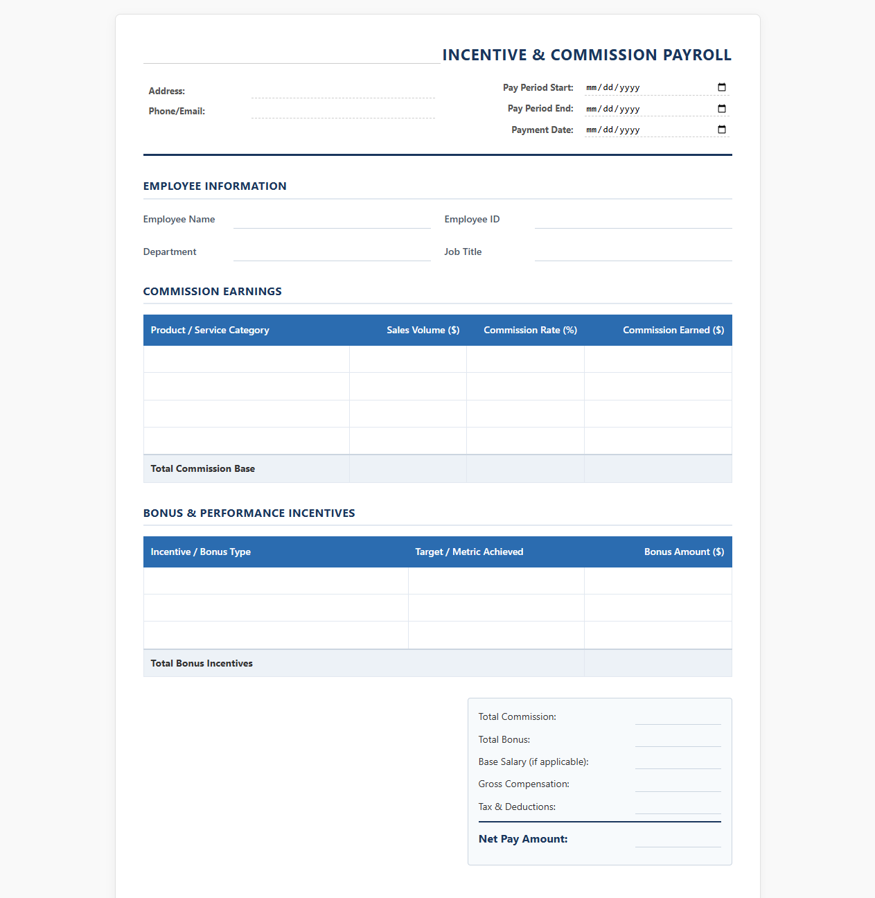 Incentive Compensation and Commission Payroll Template