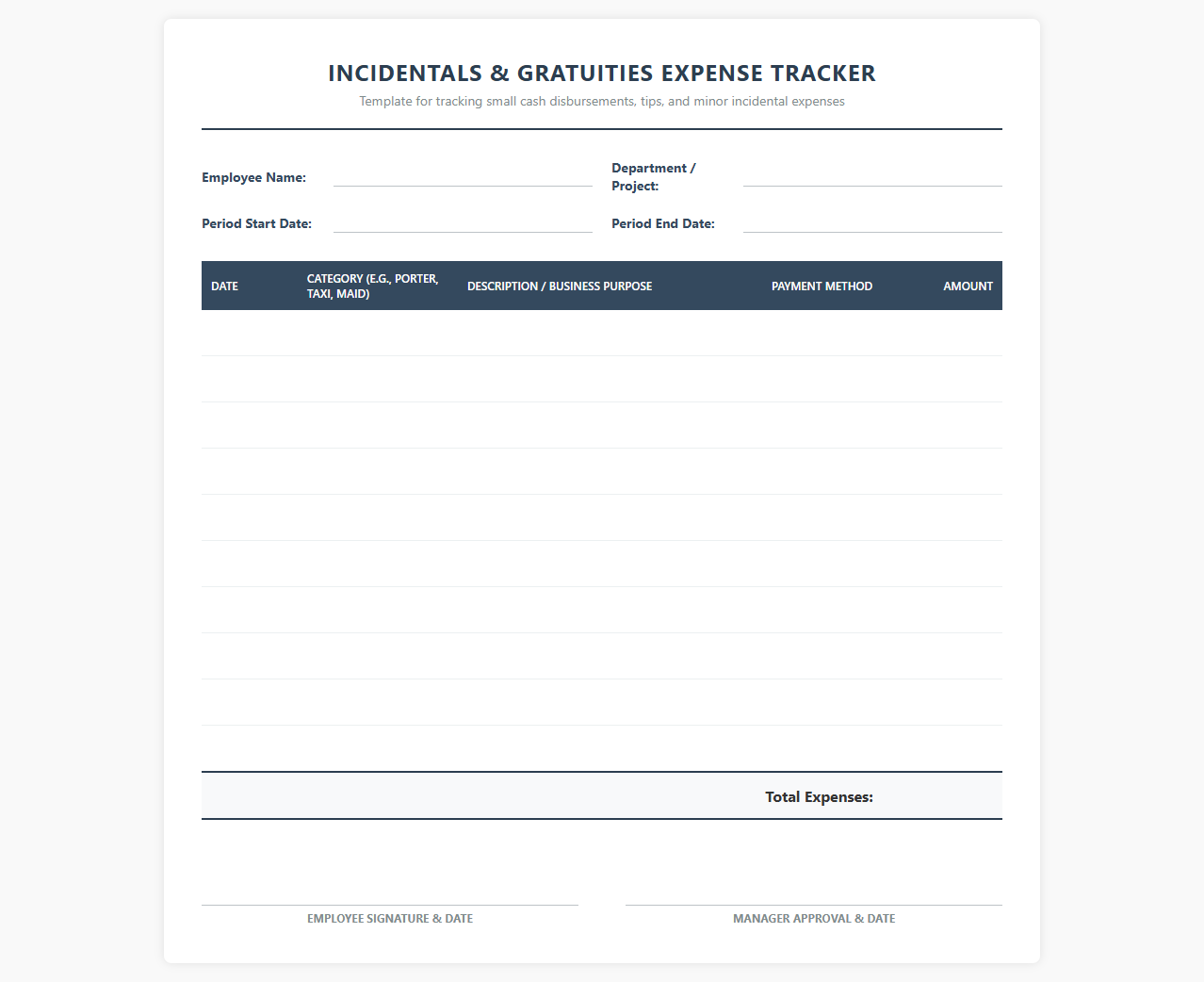 Incidentals and Tips Expense Tracker