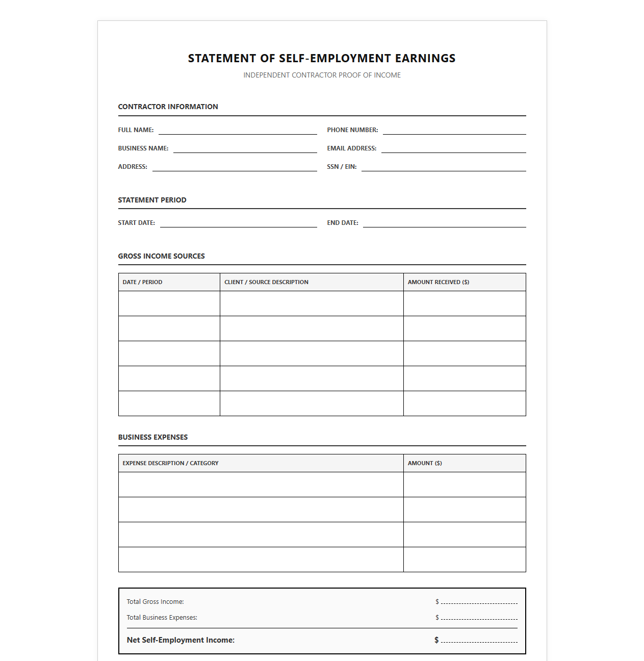 Independent Contractor Proof of Income Template