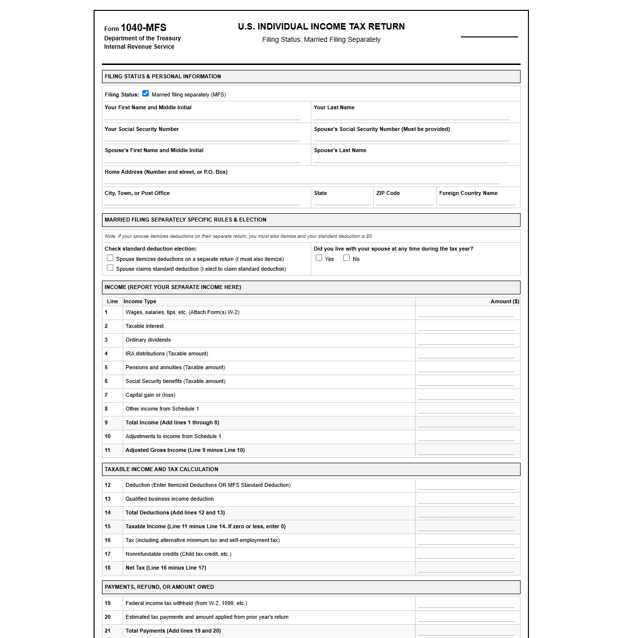 Individual Return Template for Married Filing Separately