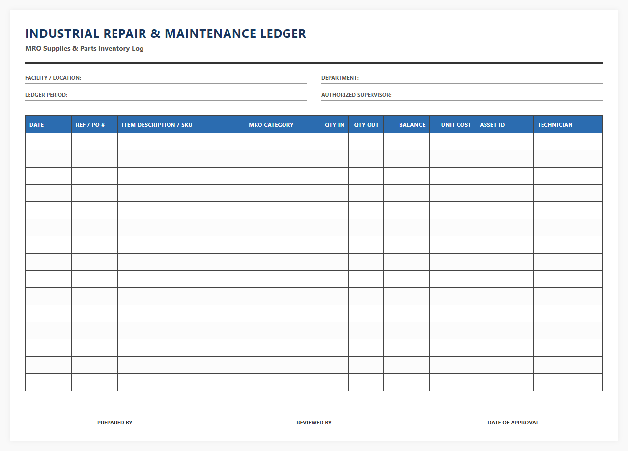 Industrial Repair and Maintenance Ledger Template