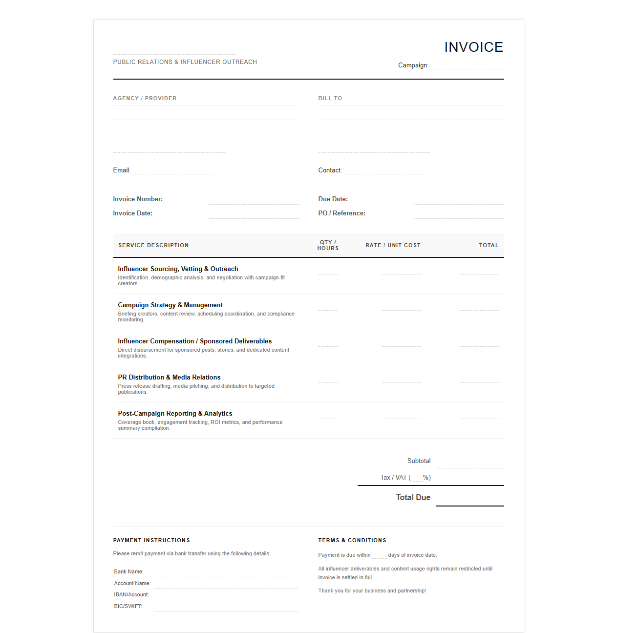 Influencer Outreach and PR Campaign Invoice