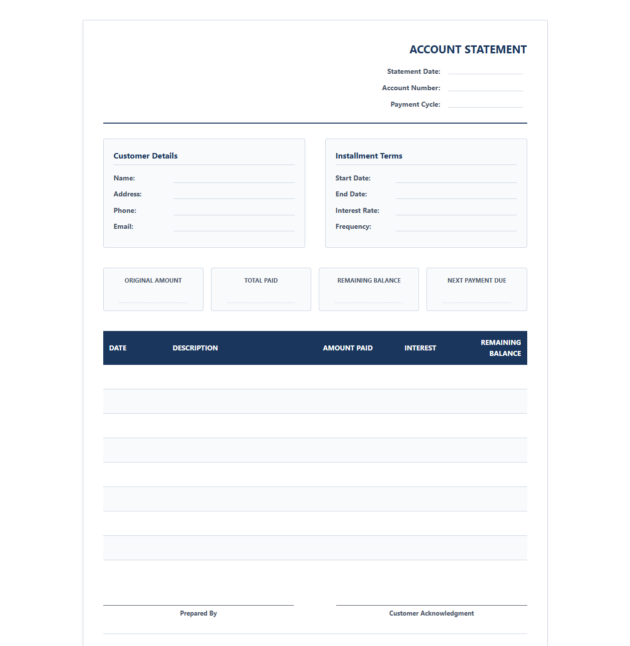 Installment Account Balance Statement Template