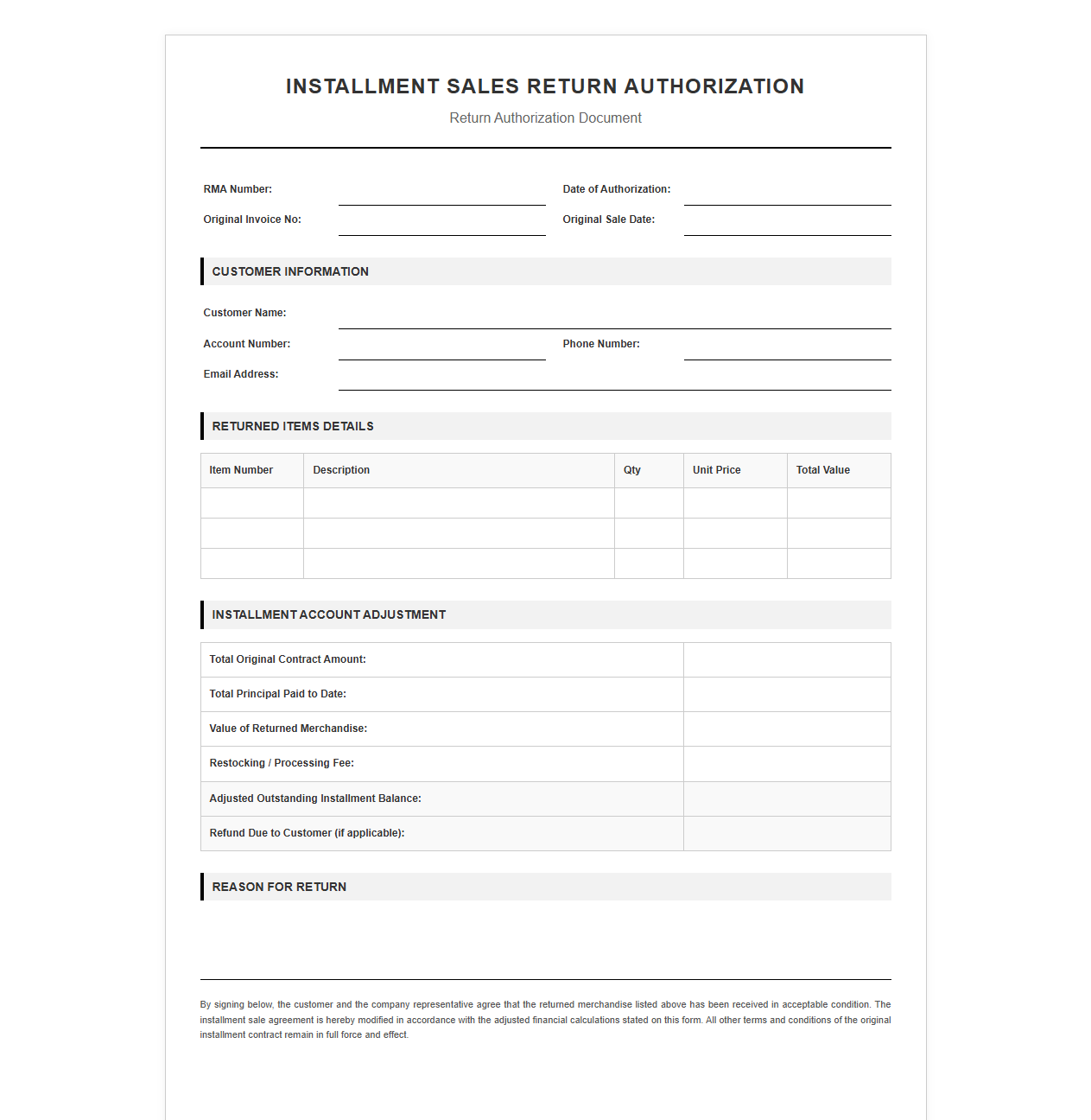 Installment Sales Return Authorization Document