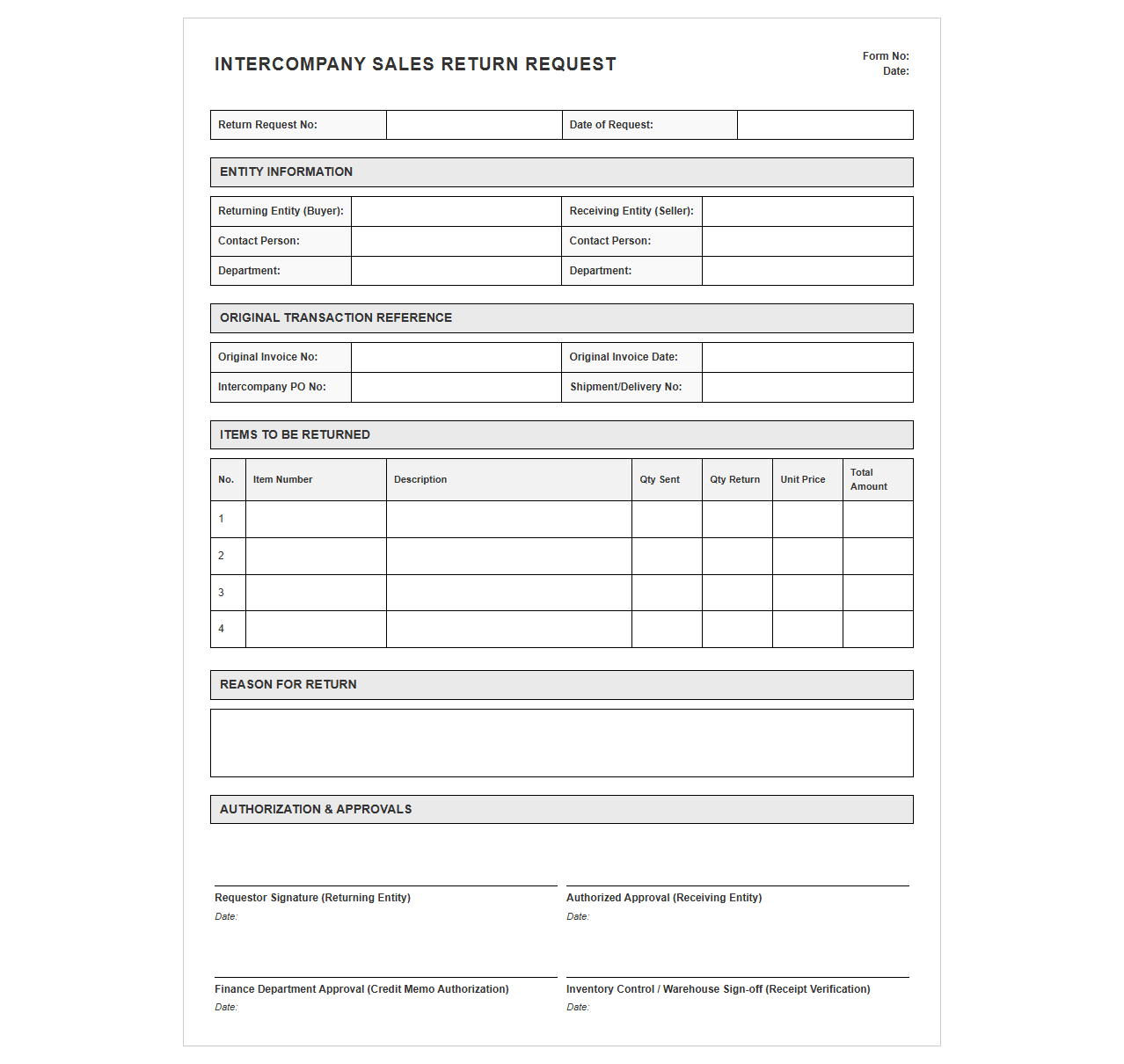 Intercompany Sales Return Request Form