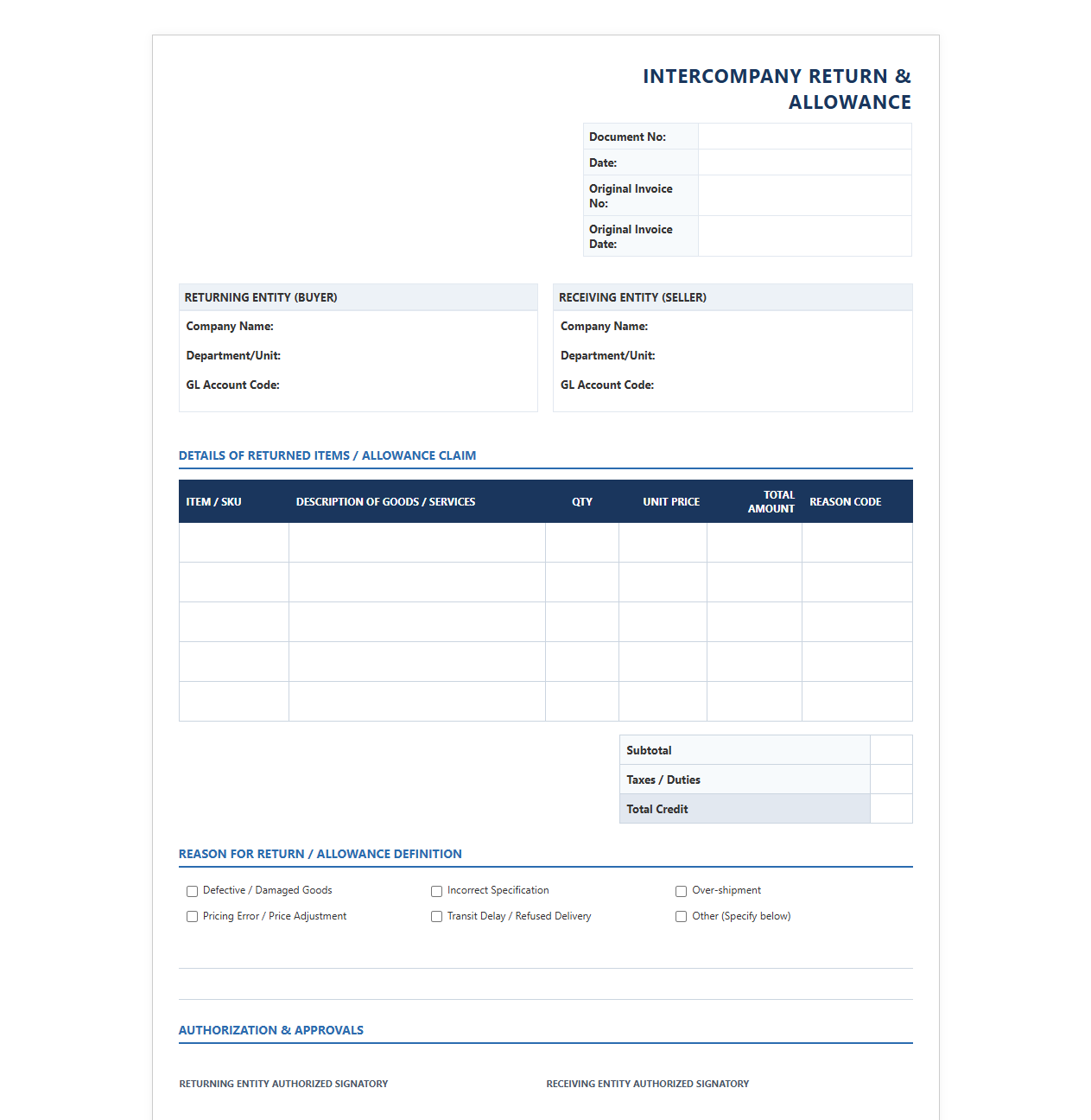 Intercompany Sales Returns and Allowances Form