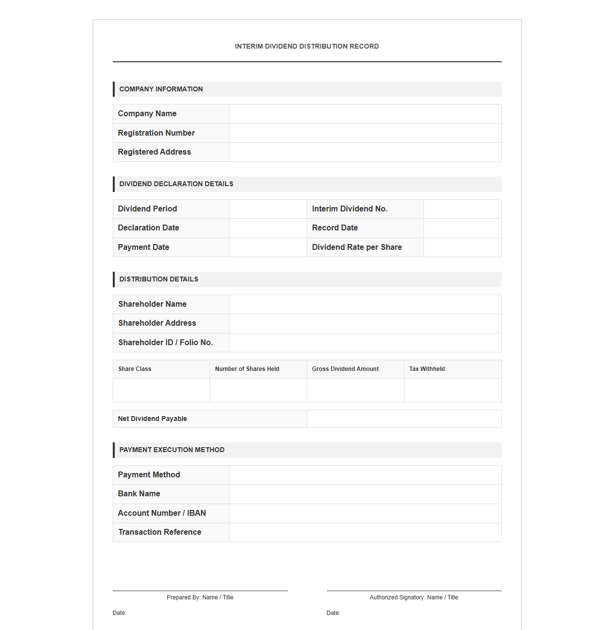 Interim Dividend Distribution Record Template