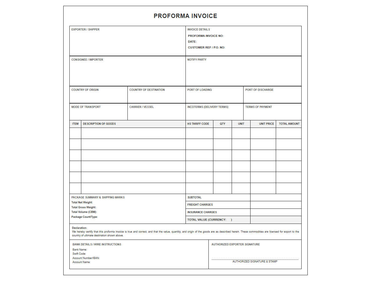 International Shipping Proforma Invoice Template
