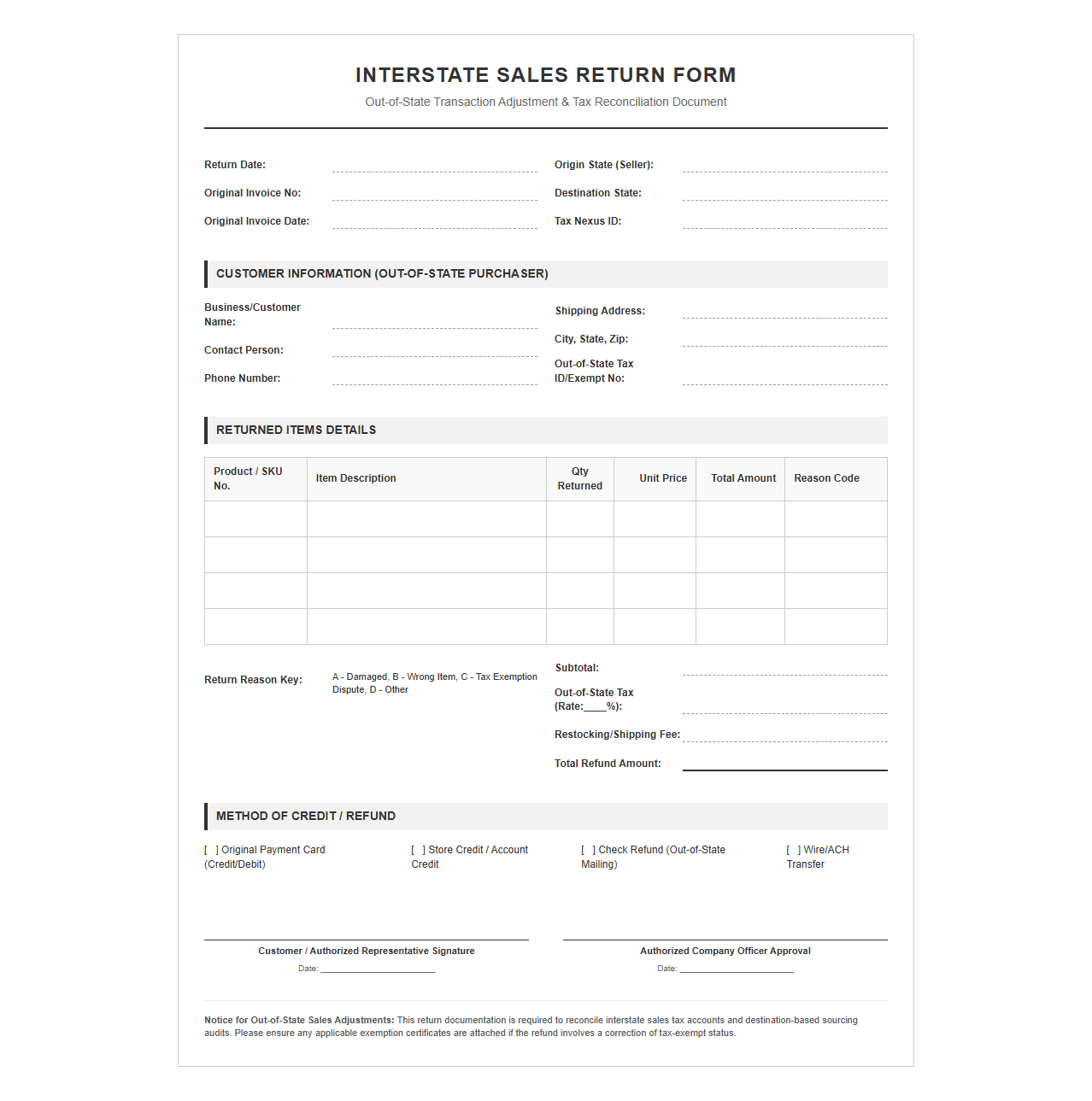 Interstate Sales Return Template