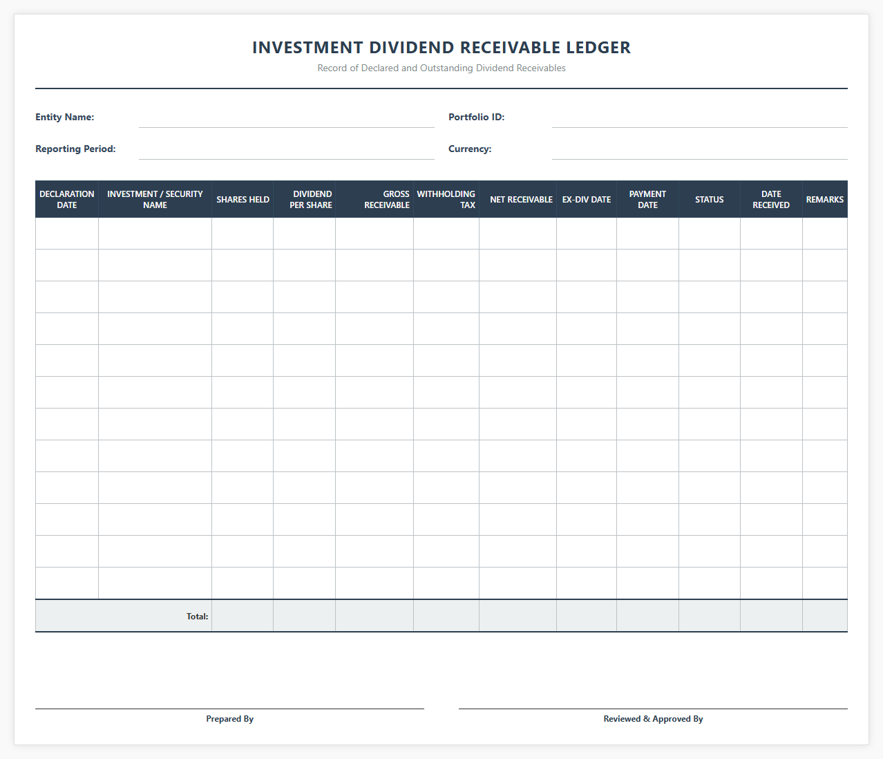 Investment Dividend Receivable Ledger Template
