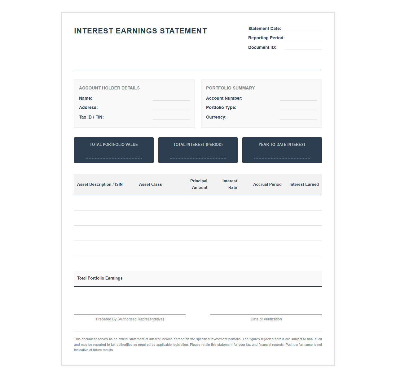 Investment Portfolio Interest Earnings Template
