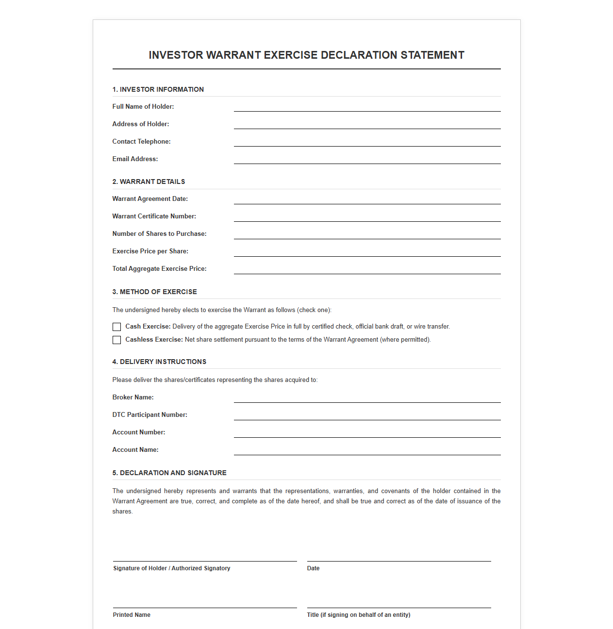 Investor Warrant Exercise Declaration Statement