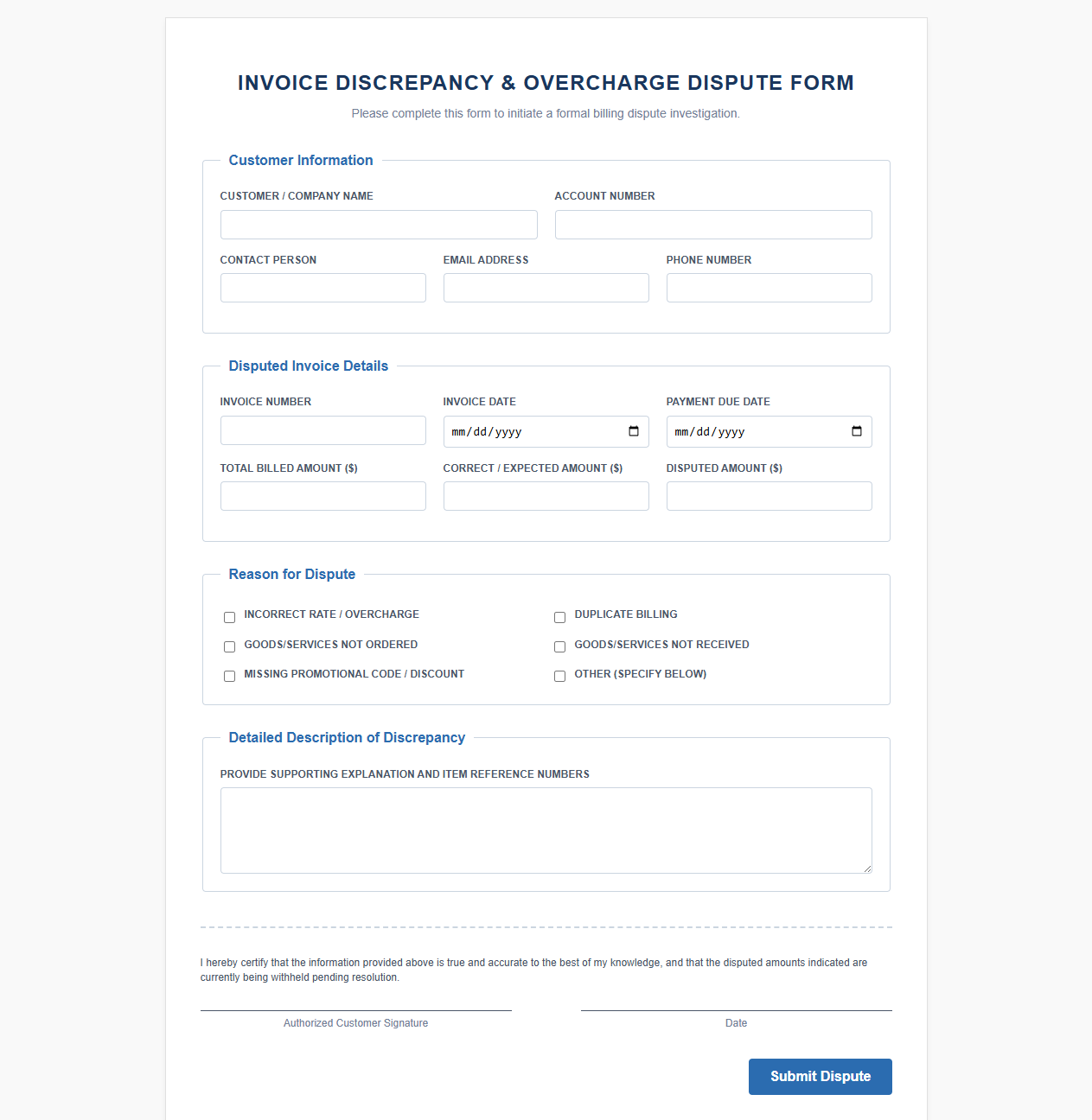 Invoice Discrepancy and Overcharge Dispute Form