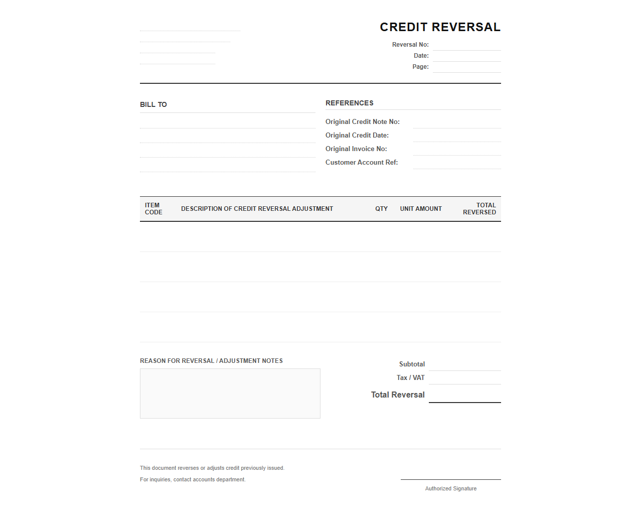 Invoice Template for Credit Reversal Adjustment