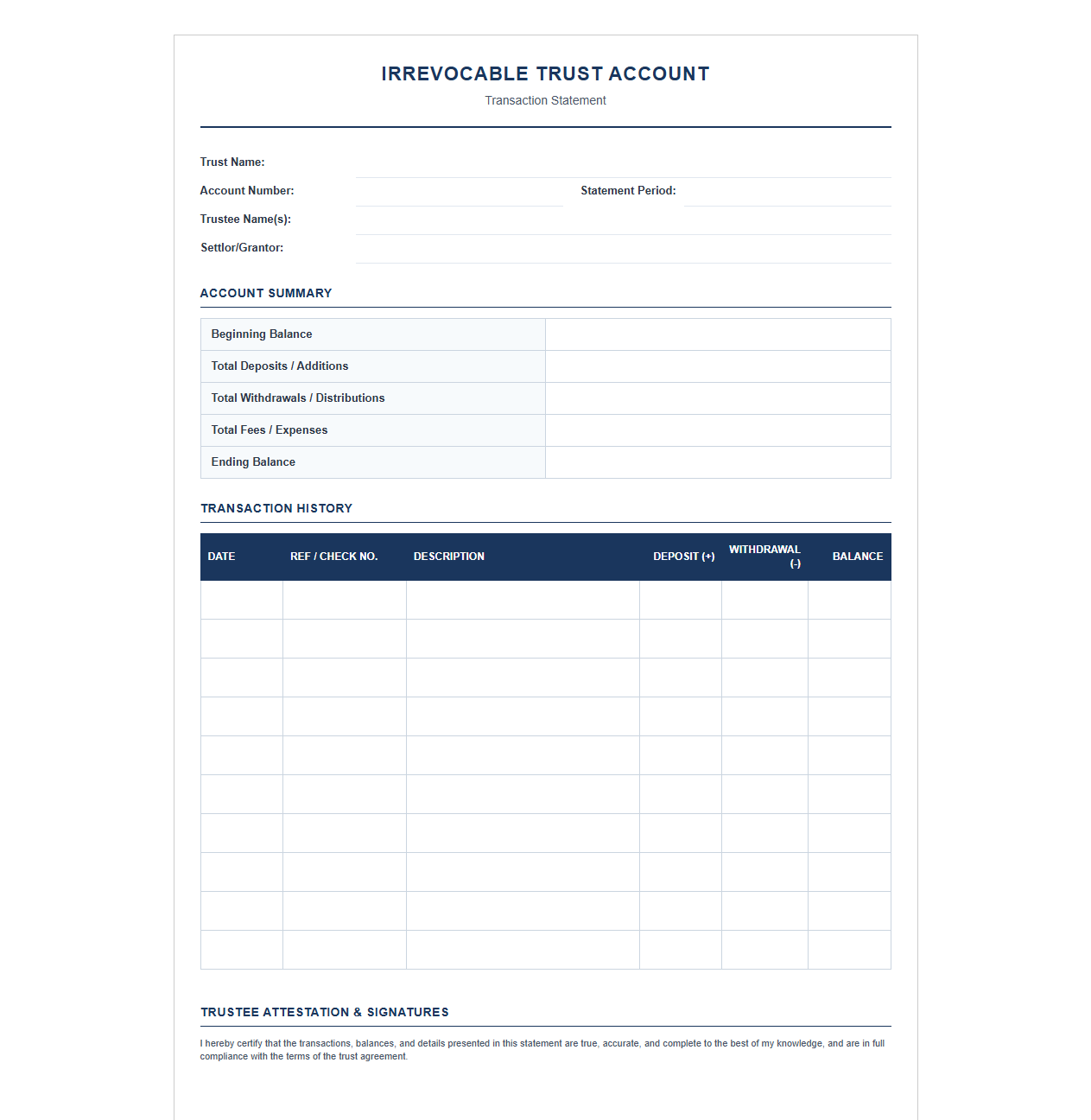 Irrevocable Trust Account Transaction Statement Template