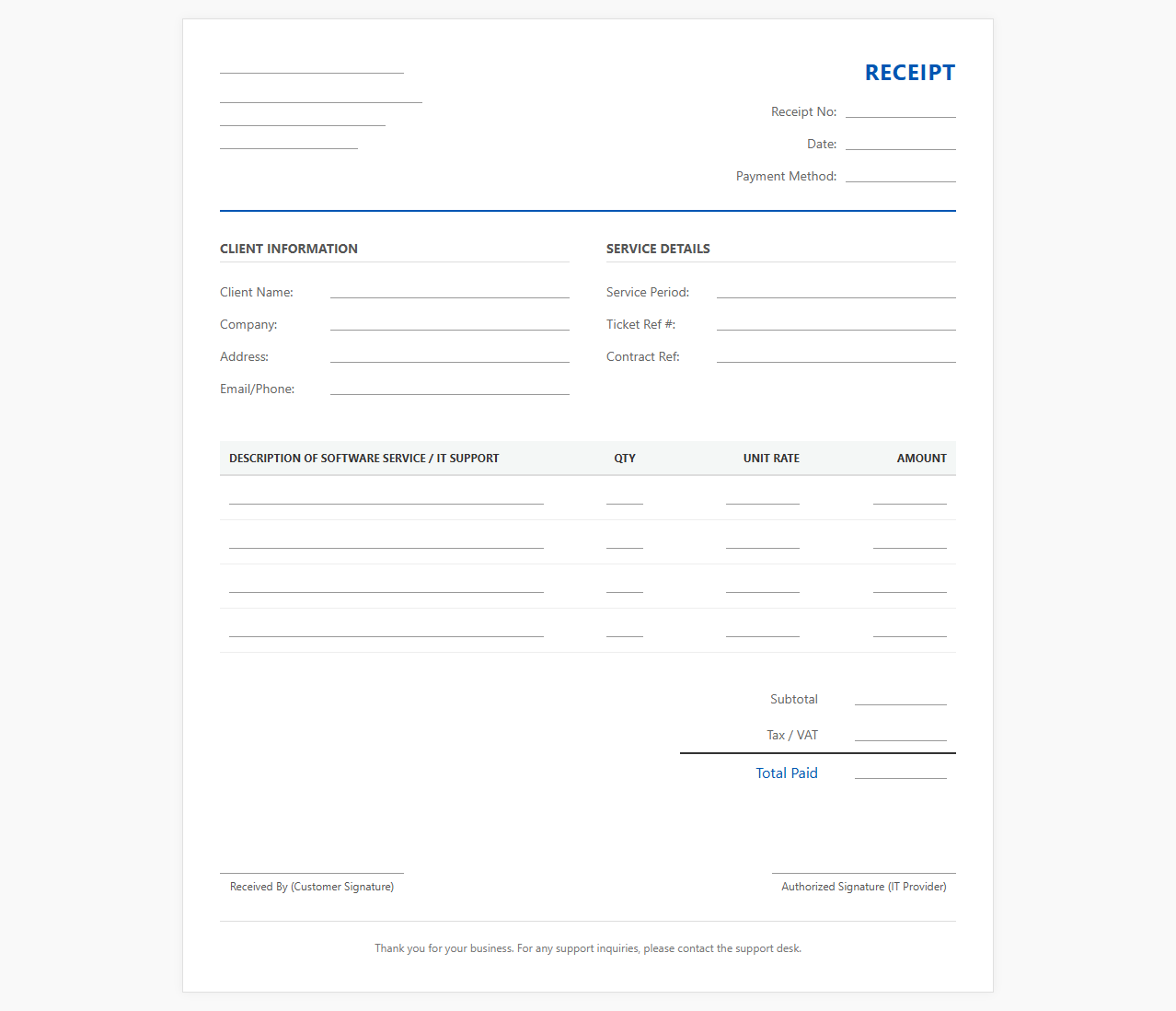 IT Support and Software Maintenance Receipt