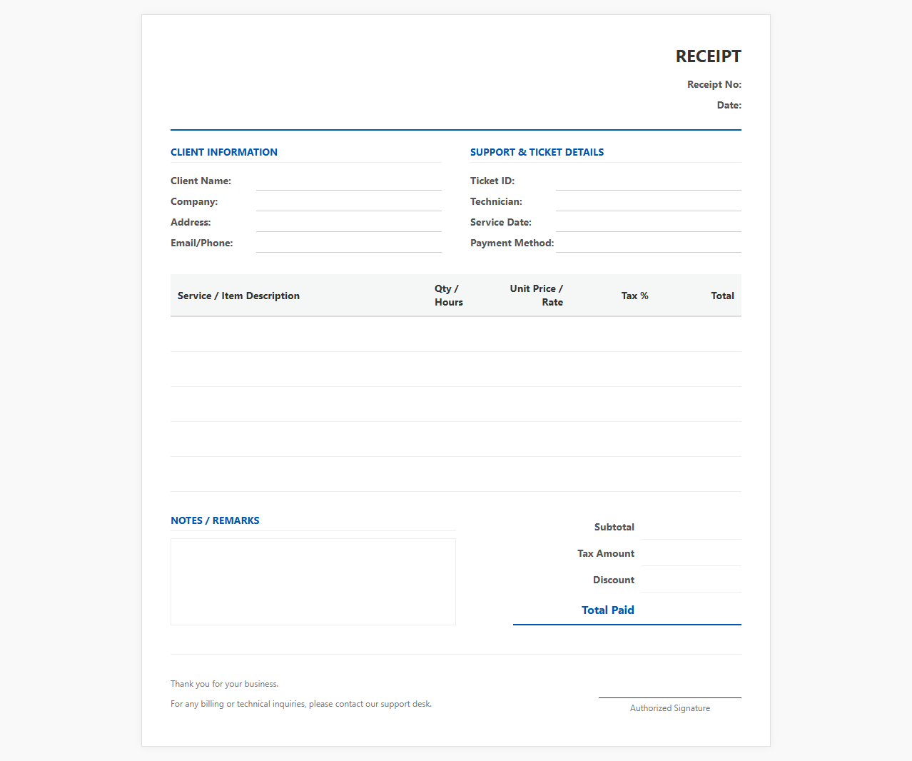 IT and Technical Support Service Receipt Template