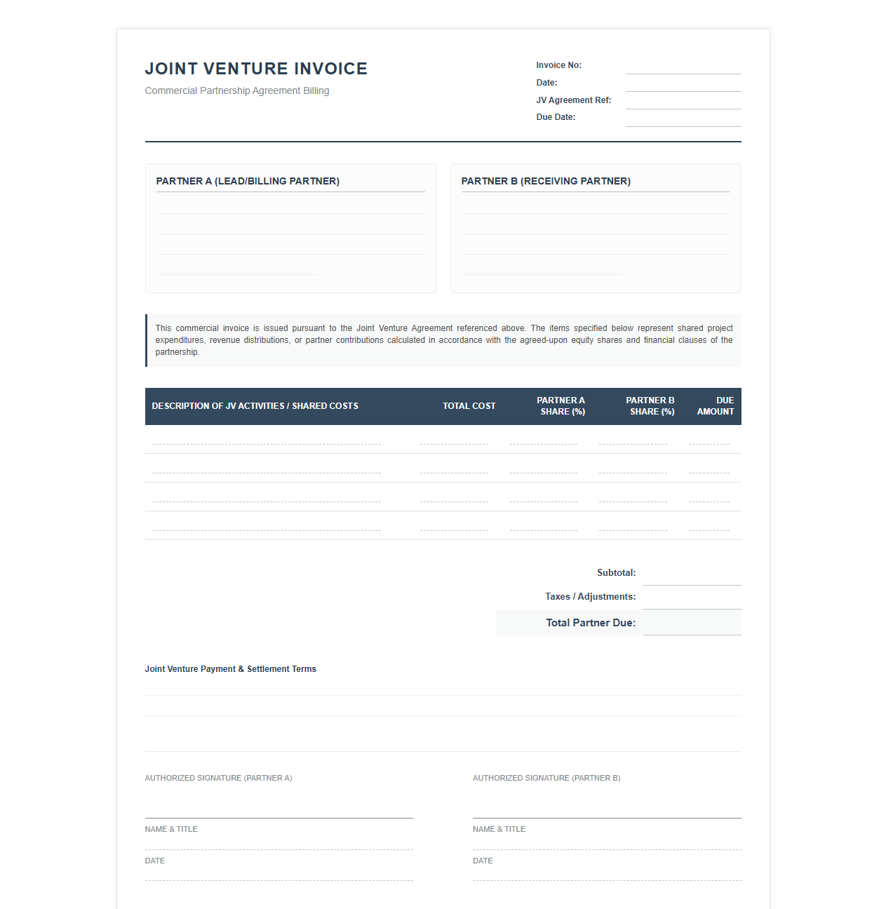 Joint Venture Commercial Invoice Agreement