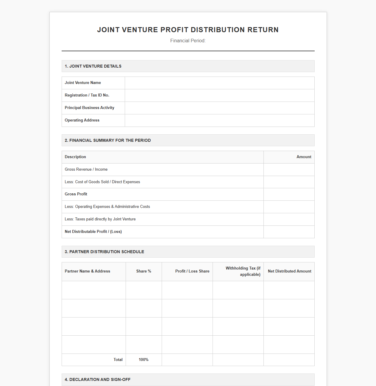 Joint Venture Profit Distribution Return Document