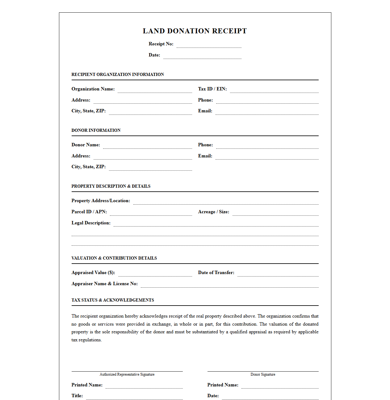 Land Donation Receipt Template