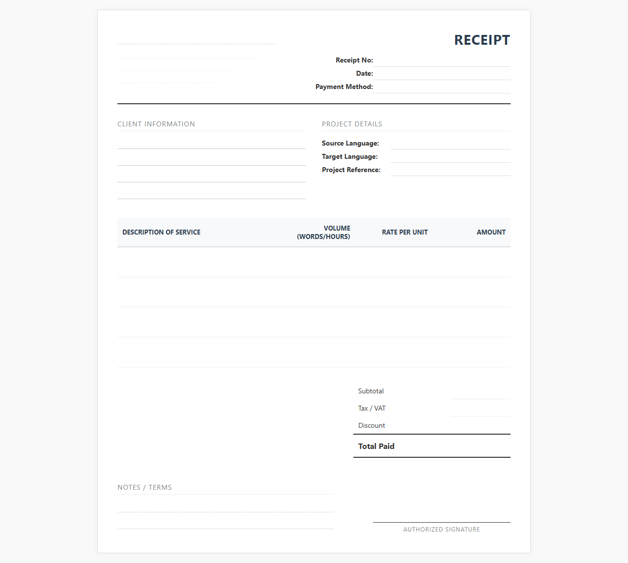 Language Translation Service Receipt Template